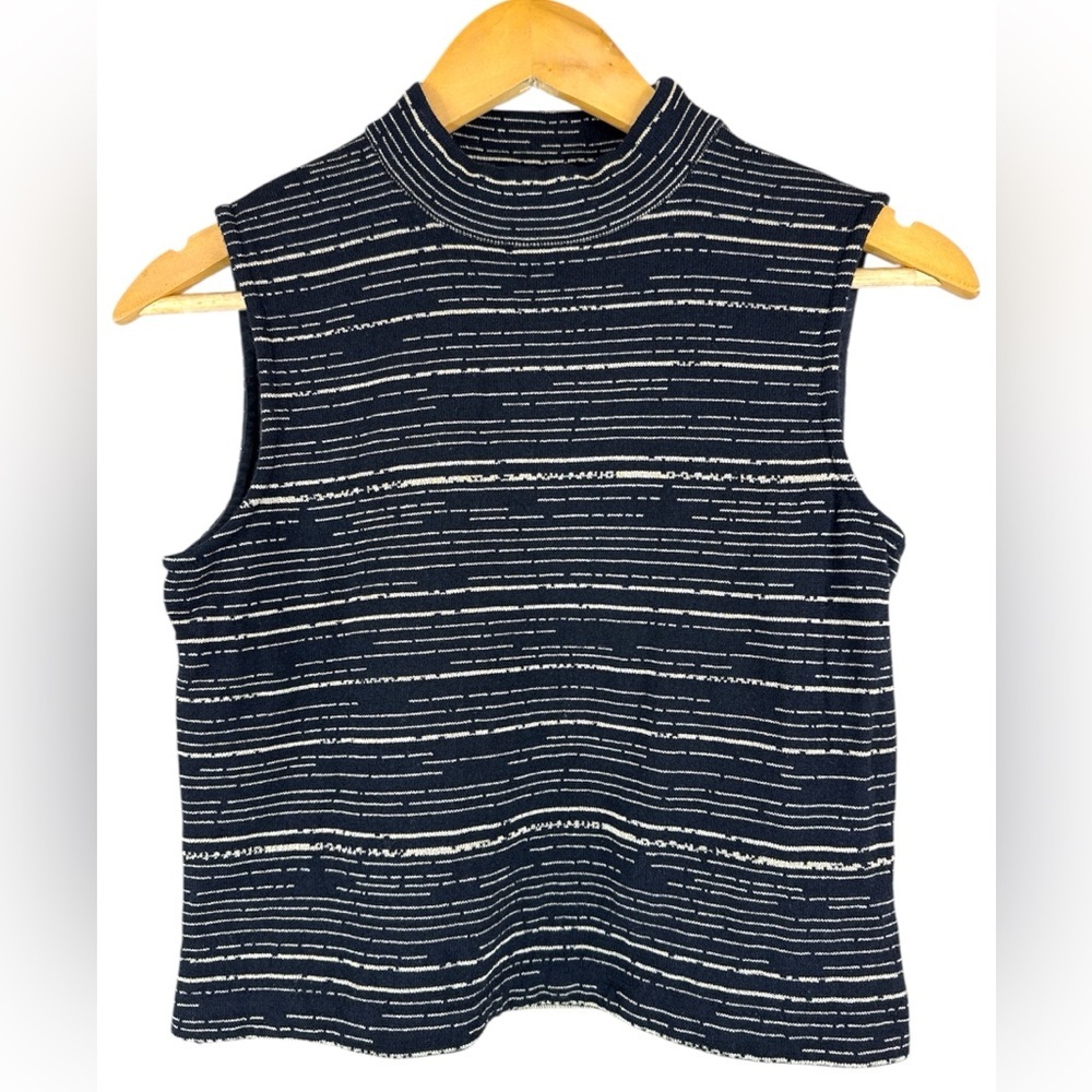 St. John Black Gold Metallic Knit Striped Mock Neck Sleeveless Shell Tank Top